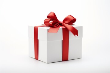 White Gift Box with Red Ribbon on White Background