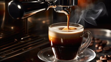 Close-up of freshly brewed espresso with thick foam pouring from the coffee machine