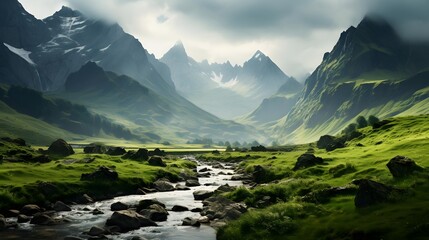 Beautiful panoramic landscape of the mountain range with a river