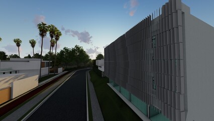 Commercial building, Facade style 3D home model, Located in the heart of the community, next to the main road and interior decoration, modern style. Kinetic Facade, Aluminium Facade, Parametric.