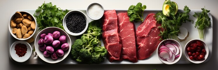 Raw beef steaks, fresh vegetables including spices, and a variety of green herbs on a light background. Selection of protein and nutrients ingredients, Concept: for a healthy diet