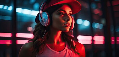 Dziewczyna słuchająca muzyki w słuchawkach i czapeczce z daszkiem na neonowym tle.  - obrazy, fototapety, plakaty