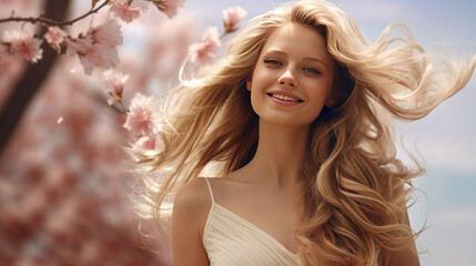 Beautiful smiling young woman with flying long blond hair, symbolizing spring and blossoming trees