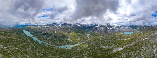 Aerial view above the glaciers melting into the permafrost of Jostedalsbreen National Park	