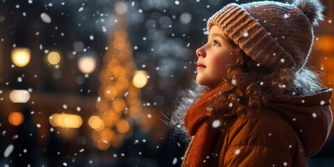 Fototapeta na wymiar Little girl watching the christmas lights, AI generated