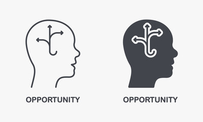 Opportunity, Choice, Success Silhouette and Line Icon Set. Idea for Career Development in Human Head. Goal, Potential Success, Intellectual Process Symbol Collection. Isolated Vector Illustration