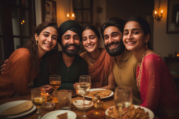 indian sikh religious family enjoying dinner at home - obrazy, fototapety, plakaty