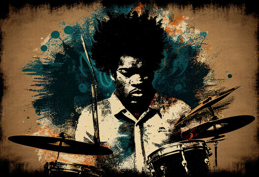 Afro-American male jazz musician drummer playing drums in an abstract vintage distressed style painting for a poster or flyer, computer Generative AI stock illustration image