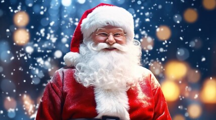 Jolly Santa Claus in glasses with moustache standing while snowing