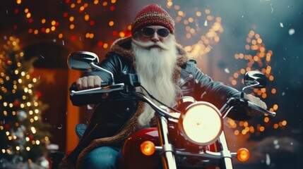 Badass Biker Santa Claus on a Motorcycle Ready for Christmas Night