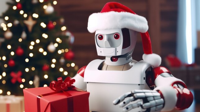 AI artificial intelligence robot in santa claus hat unwrapping Christmas gifts
