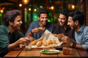 young indian friends group enjoying dinner at restaurant - obrazy, fototapety, plakaty