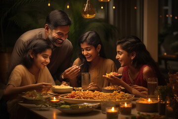 indian family enjoying dinner at restaurant - obrazy, fototapety, plakaty