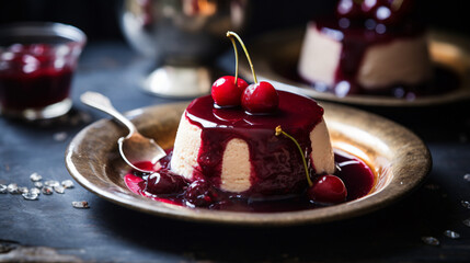 Gingerbread panna cotta with mulled wine cherries - obrazy, fototapety, plakaty