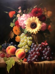 Naklejka na ściany i meble Still life with bunch of grapes, peaches and sunflowers