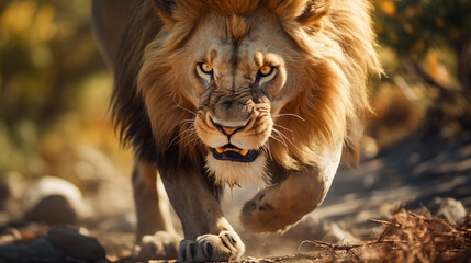 Fototapeta premium Roaring powerful lion in the wild