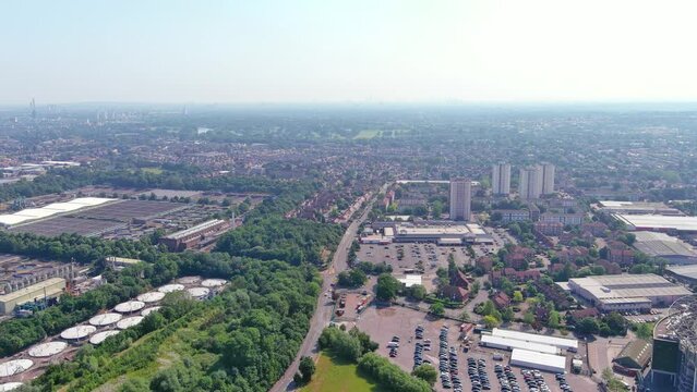 London, England: Aerial view of capital city of UK, Borough of Richmond upon Thames on sunny summer day with clear blue sky - landscape panorama of United Kingdom from above