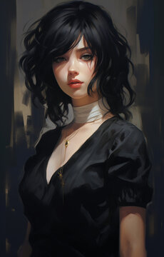 an oil painting of a woman in black, in the style of manga style made with AI