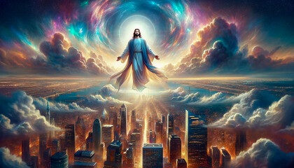 The Second Coming and Return of Jesus Christ on Final Day of Judgement, Casts New York in Surreal Light. - obrazy, fototapety, plakaty