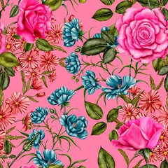 Fotobehang Watercolor seamless pattern with garden flowers. Vintage spring or summer floral pattern. Flower seamless pattern. Botanical art. Wedding floral set. Watercolor botanical design.  © Natallia Novik