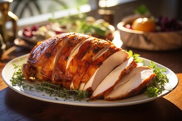 sliced roast turkey breast on dinner table, fall thanksgiving food - obrazy, fototapety, plakaty