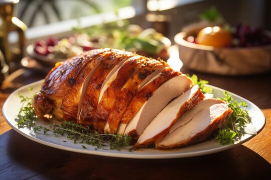 sliced roast turkey breast on dinner table, fall thanksgiving food