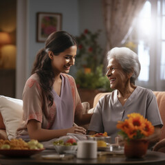 young indian Care worker helping elderly woman