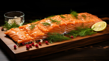 Gravlax marinated salmon fillet with fresh dill