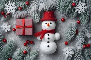 Naklejka na ściany i meble christmas tree decorations, santa claus with gifts, snowman in the snow, christmas gift boxes 