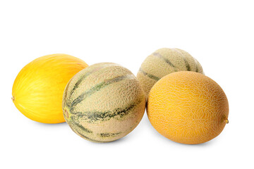 Different whole sweet melons on white background