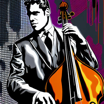 American male double bass musician playing music in an abstract vintage distressed style painting for a poster or flyer, computer Generative AI stock illustration image