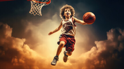 little Boy playing basketball jumping and flying - obrazy, fototapety, plakaty