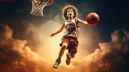 Fotobehang little Boy playing basketball jumping and flying © PRASANNAPIX