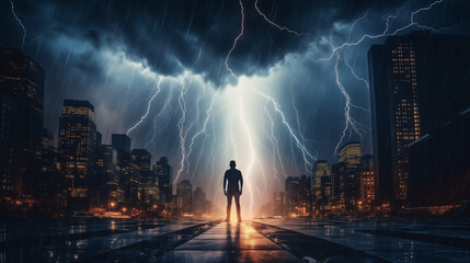 Lightning struck near a person during a severe thunderstorm in a big city at night