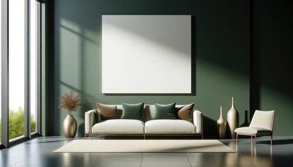 Big square blank painting frame hanging on the wall of dark green stylish liviing room with sofa, decorative vases and pastel beige carpet and armchair 