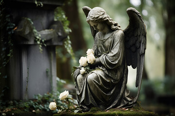 Obsolete statue of an angel with a cross on burial in the cemetery - obrazy, fototapety, plakaty