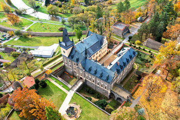 Aerial image of old building in fall autumn in Czech Republic called Zruc nad Sazavou HDR - 674557029