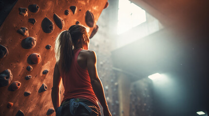 sporty woman in boulder climbing hall - obrazy, fototapety, plakaty