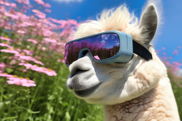 Fototapeta premium Alpaca Enjoying Virtual Reality in Nature