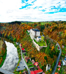 Cesky Sternberk castle in Czech Republic, Europe aerial fly photo in HDR in autumn - 674557827