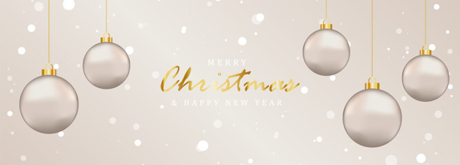 Delicate New Year and Christmas background with realistic Christmas balls and golden text. New Year card, wallpaper, banner, poster. 2024