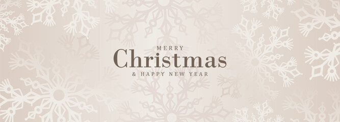 Beige New Year and Christmas background with snowflakes. Festive delicate banner, poster, card, cover.