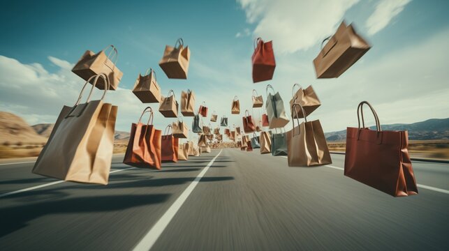 Shopping bags speeding down the highway, AI generated