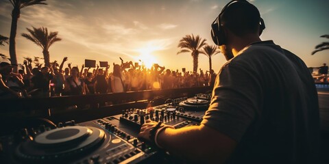 DJ Igniting the Beach Party at Sunset. Generative ai - obrazy, fototapety, plakaty