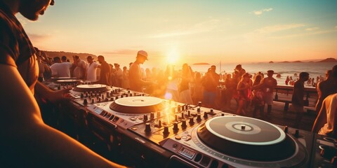 Naklejka premium DJ Igniting the Beach Party at Sunset. Generative ai