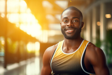 Fototapeta premium portrait of muscular African American man resting in gym while looking at camera. Healthy lifestyle