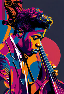 Afro-American male double bass musician playing music in an abstract vintage distressed style painting for a poster or flyer, computer Generative AI stock illustration image