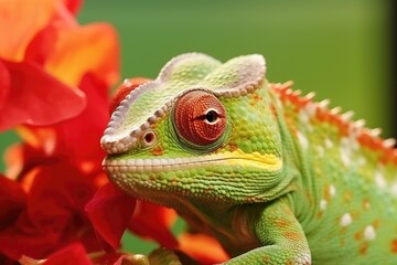 Fototapeta premium Chameleon on the flower close-up. advertising banner for a holiday agency