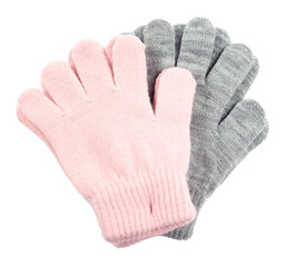 Warm winter gloves isolated on white background. Pink and gray colors.