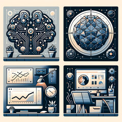 Abstract Technology and Business Concept Illustration with Brain Network, Global Connectivity, Data Analysis, and Modern Workspace